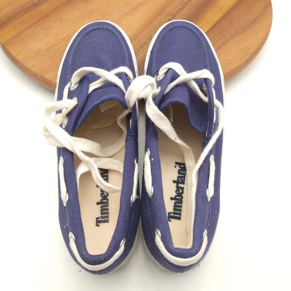 Timberland Boat Shoes Mens 7.5 Blue Canvas Deck Shoes‎